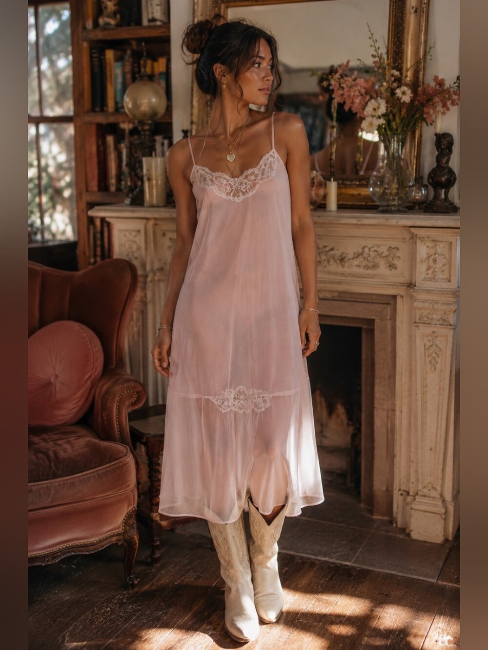 Vintage Dominique Pink Sheer Nylon Lace Maxi Nightgown Slip Dress 70s Medium